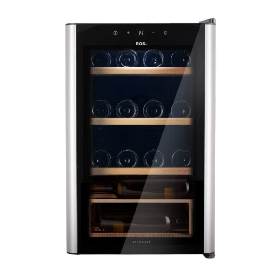 Adega Climatizada 22 Garrafas EOS Premium com Porta de Vidro e Inox Prateleira de Madeira com Compressor EAC24IM Bivolt